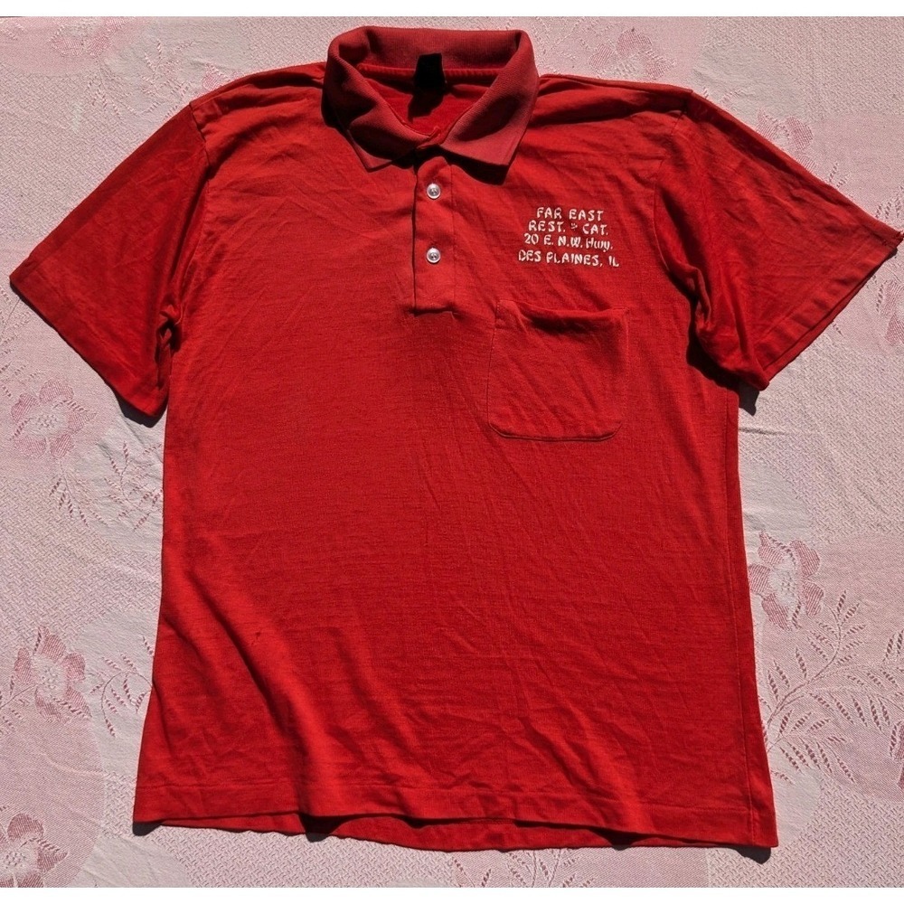 Vintage 80s Polo Shirt Men's M Red Far East Restaurant De Plaines Illinois Thin